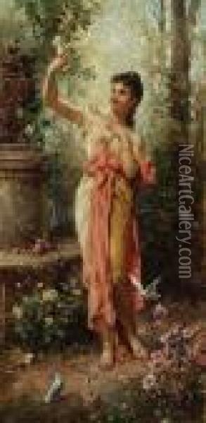 Elegantly Draped Women In A Garden Oil Painting - Joseph Bernard