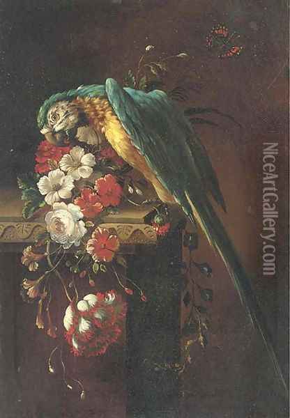 A macaw on a stone ledge, with poppies, flowers and a butterfly to the side Oil Painting - Jacob Bogdani