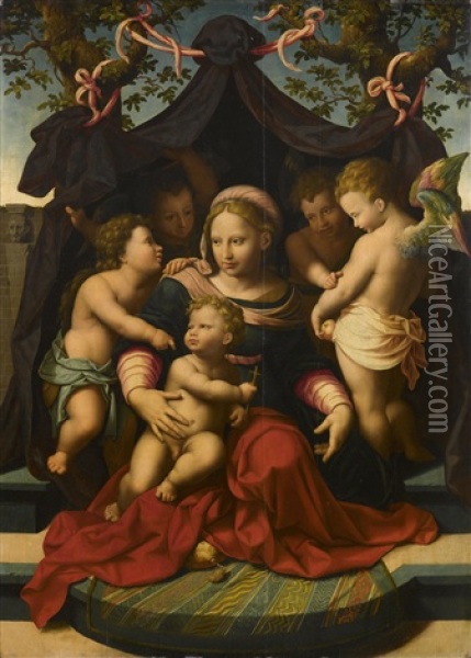 Madonna Mit Kind, Dem Heiligen Johannes Und Putten Oil Painting - Cornelis van Cleve