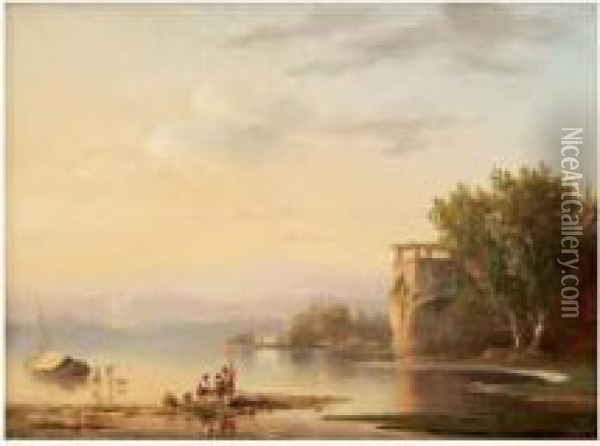 Pecheurs Au Bord D'un Lac Italien Oil Painting - Theodore Alex. L.M. Richard