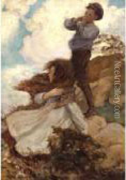 Two Children On A Windswept Hillside Oil Painting - Jessie Wilcox-Smith