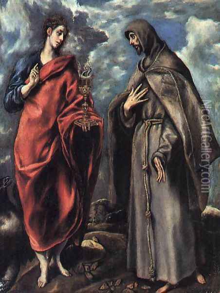 St John the Evangelist and St Francis c. 1608 Oil Painting - El Greco (Domenikos Theotokopoulos)