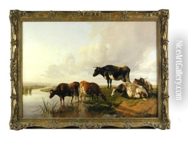 Cattle On The Stour Oil Painting - Thomas Sidney Cooper