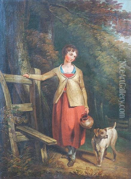 Maid With Milk Jug And Dog Resting By The Stile Oil Painting - Richard Westall