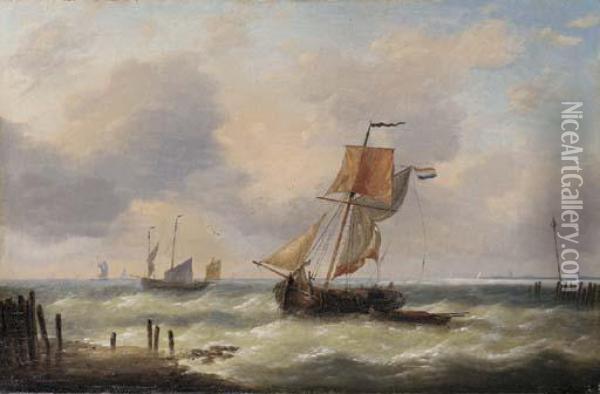 A Dutch Barge Riding At Her Anchor In A Swell Off The Coast Oil Painting - Louis Verboeckhoven