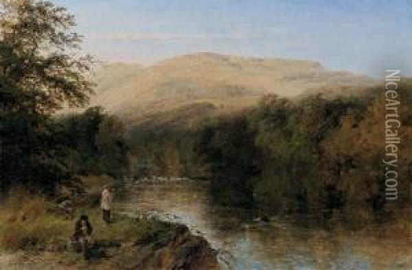 Fishing In A Mountainous Landscape Oil Painting - Henry Thomas Dawson