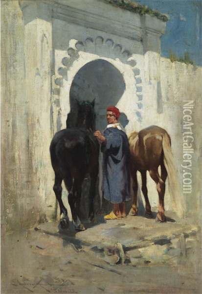 Horseman At The City Gate, Tangier Oil Painting - Edward Aubrey Hunt
