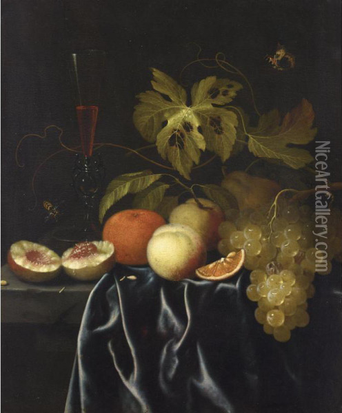 A Still Life Of Peaches, An Orange, Grapes And A Venetian Glass Of Red Wine, All On A Ledge Draped Partly With A Blue Cloth, Together With A Butterfly, A Wasp And A Caterpillar Oil Painting - Johannes Borman