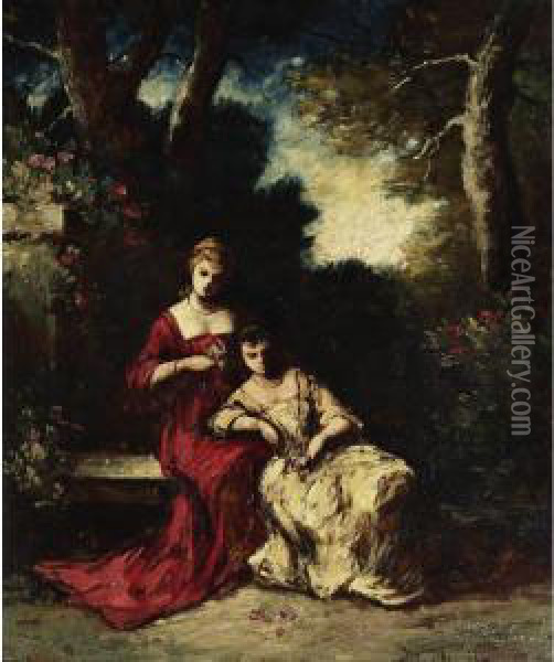 Elegant Ladies In A Garden Oil Painting - Adolphe Joseph Th. Monticelli