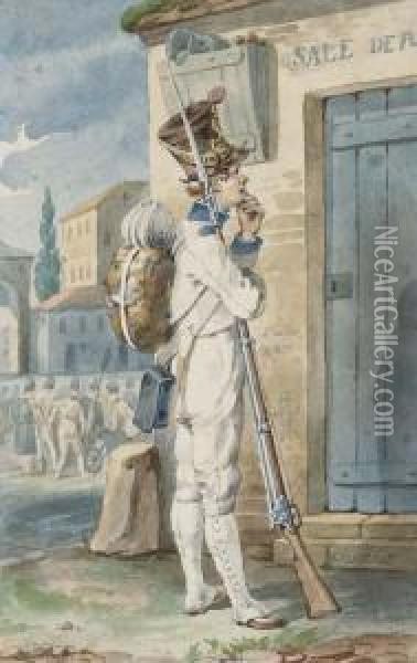 Un Soldat Devant Une Porte Avec Un Groupe De Soldats Dans Le Fond Oil Painting - Nicolas Toussaint Charlet