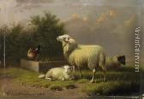 Sheep By The Feeding Trough. Signed And Dated Lower Left: Jh. Van Dieghem 1884 Oil Painting - Joseph Van Dieghem