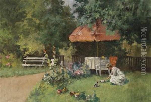Idyllicsummer Garden Scene With Kittens Oil Painting - Antal Neogrady