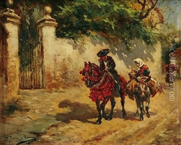 Untitled: Figure Group On Horseback And Donkey Oil Painting - Jose Garcia y Ramos