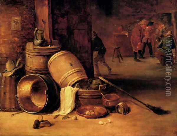 An interior scene with pots, barrels, baskets, onions and cabbages with boors carousing in the background Oil Painting - David The Younger Teniers