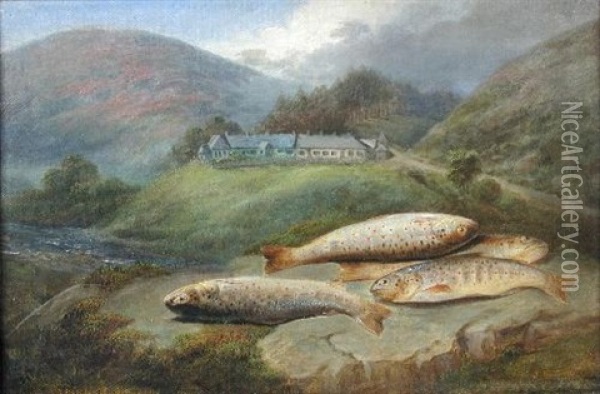 A Catch Of Salmon On A Riverbank Oil Painting - John Bucknell Russell