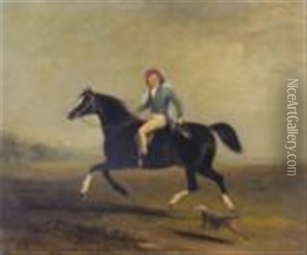 Portrait Of Master Claude Ferneley, Aged 8, Riding His Pony, With A Terrier At His Side Oil Painting - John E. Ferneley
