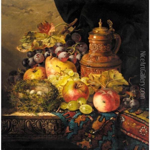 Still Life With Pears, Apples And Grapes, A Bird's Nest And A Jug Oil Painting - Ellen Ladell