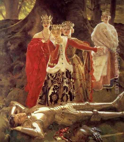 The Four Queens Find Lancelot Sleeping Oil Painting - Frank Cadogan Cowper