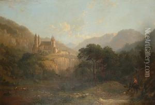 An Abbey Set Above A Lake, With A Drover In The Foreground Oil Painting - Caleb Robert Stanley