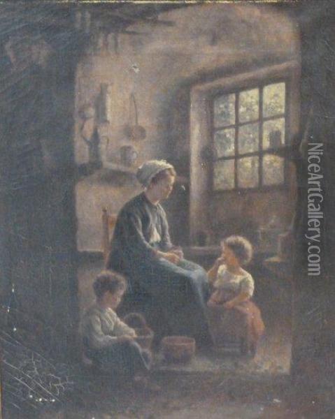 Mother And Children In A Cottage Interior Oil Painting - Edouard Frere