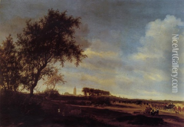 An Extensive Landscape With Prince Willem Ii And Amalia Von Solms In State Carriages, The Grote Kerk In The Hague Beyond Oil Painting - Salomon van Ruysdael