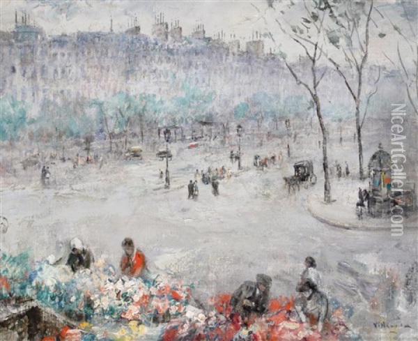 A Parisian Flower Market Oil Painting - Cesar A. Villacres