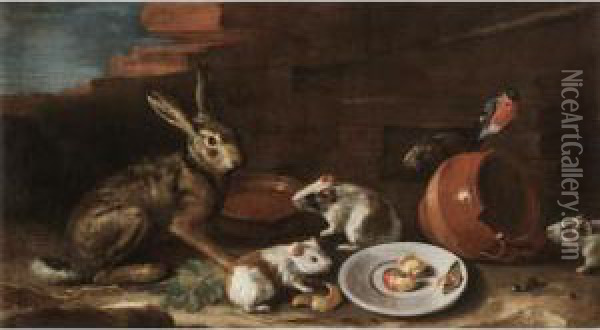 A Farmyard Scene With A Still 
Life Of A Rabbit, Guinea Pigs, Apple-peel And A Butterfly On A Plate, 
Together With A Terracotta Jug And Bowl Oil Painting - Giovanni Agostino Cassana