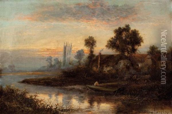 Abend Uber Englischer Flusslandschaft Mit Cottage, Im Hintergrund Eine Dorfkirche Oil Painting - William Langley