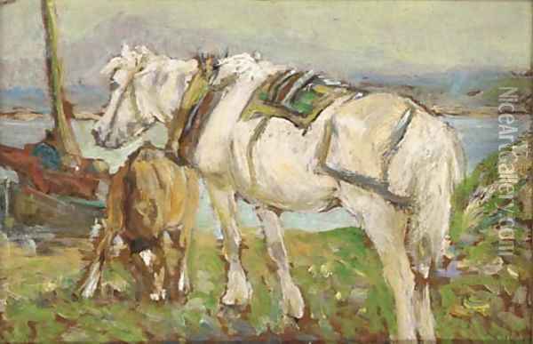 Ponies on the banks of a loch Oil Painting - George Smith