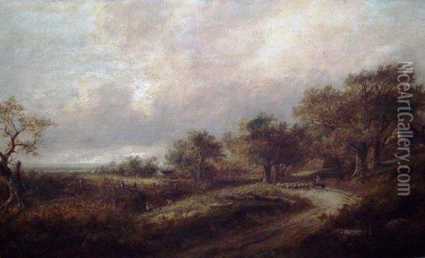 Shepherd And Flock On Country Road Oil Painting - Joseph Thors