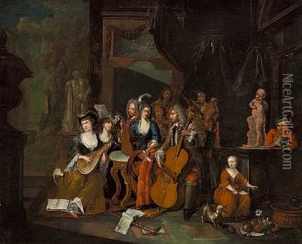 Interior Med Musicerende Damer Og Herrer Oil Painting - Jan Josef Horemans the Elder