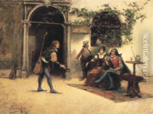 Figures In A Courtyard Oil Painting - Juan Martinez Martin