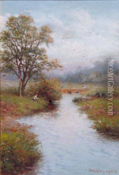 Tranquil River And Footbridge In Summer Oil Painting - Alice King