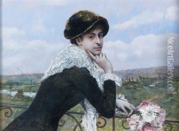 Portrait D'une Elegante Au Balcon Oil Painting - Norbert Goeneutte