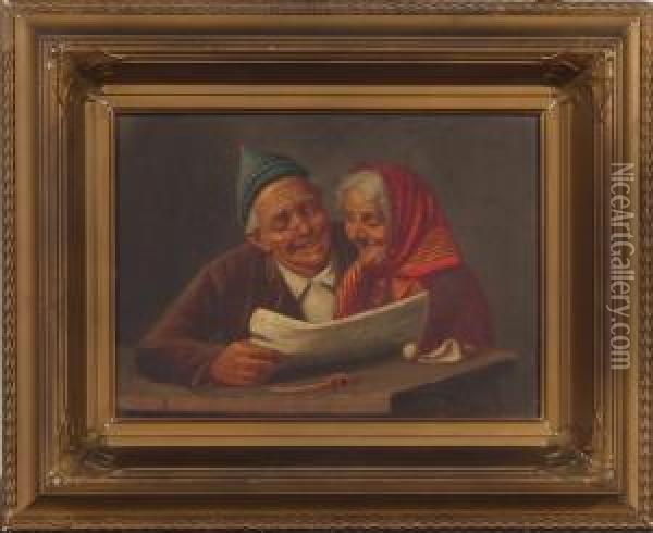 Genre Scene Of Old Manand Woman Reading Newspaper Oil Painting - Arturo Petrocelli