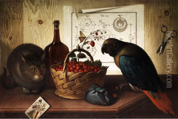 Stilleben Mit Katze Und Papagei Oil Painting - Sebastiano Lazzari