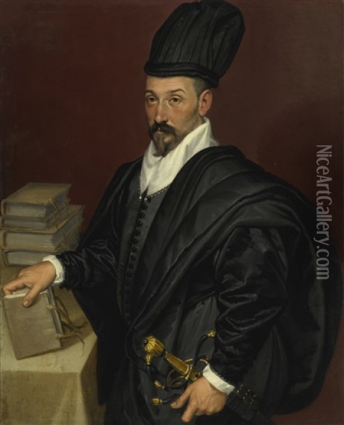 Portrait Of Lope Varona Di Villanahue Of Burgos, Half Length With A Book In His Right Hand Oil Painting - Bartolomeo Passarotti