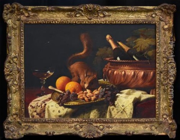 Still Life And Squirrel Oil Painting - Edouard Van Den Bosch