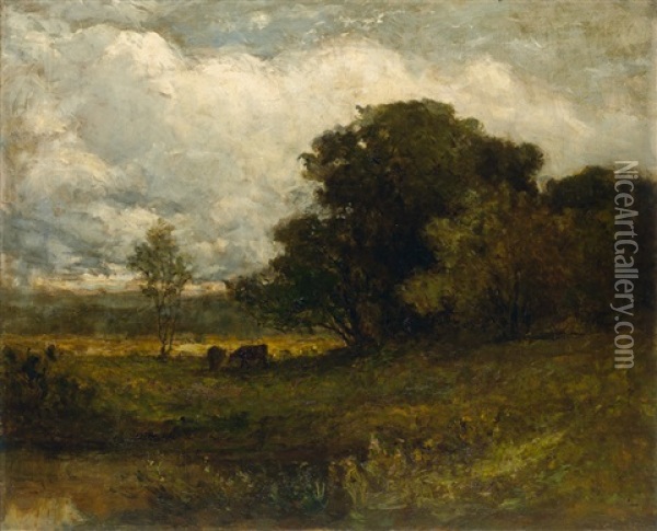 Untitled (rhode Island Landscape With Cows) Oil Painting - Edward Bannister
