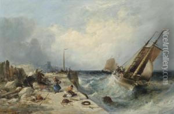 Shipping In A Heavy Swell Off The Harbour Mouth At Peel, Isle Of Man Oil Painting - William Edward Webb