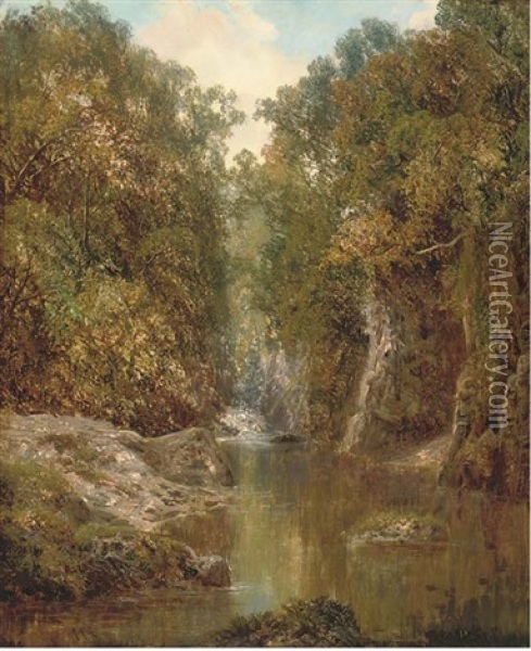 A Wooded River Landscape Oil Painting - Alfred Augustus Glendening Sr.