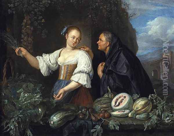 A Vegetable Seller 1670s Oil Painting - Jacob Toorenvliet