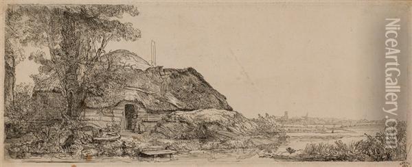 Landscape With Cottage And A Large Tree Oil Painting - Rembrandt Van Rijn