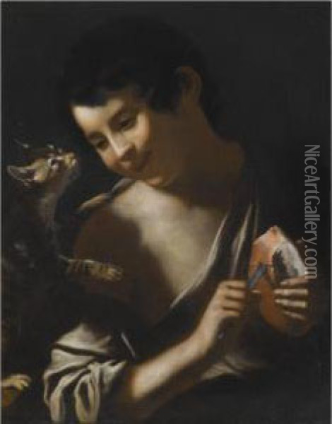 A Boy Eating A Loaf Of Bread With A Cat Oil Painting - Tommaso Salini (Mao)