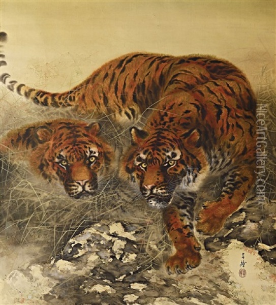 A Pair Of Tigers On The Hunt Oil Painting - Suiseki Ohashi