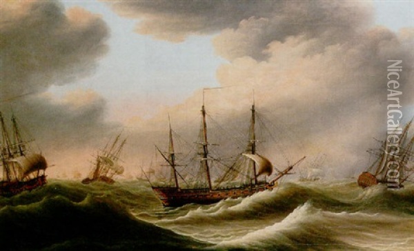 Dutch Men-of-war In Choppy Seas Oil Painting - Engel Hoogerheyden