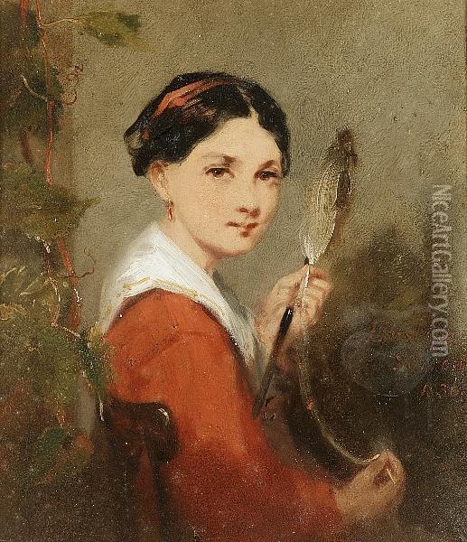 A Young Girl Holding A Distaff Oil Painting - James Inskipp