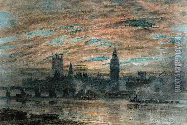 Westminster from the Surrey Bank, 1922 Oil Painting - Joseph Arthur Palliser Severn