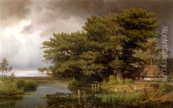 Landschaft Bei Silkeborg Mit Einem Gehoft An Einem See Oil Painting - Ludwig Heinrich Theodor (Louis) Gurlitt