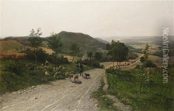 Shepherd And Sheep On A Country Lane Oil Painting - Paul Franz Flickel